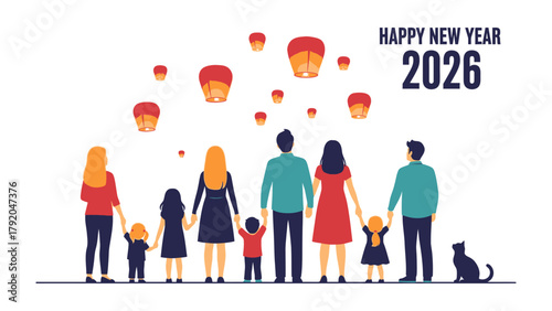 New Year Family Celebration: A united family gazes upward, witnessing the ascent of lantern, against a backdrop of a festive sky marking the arrival of the new year.