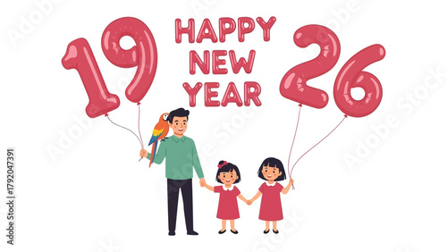 Family New Year Celebration: A happy family celebrate New Year with the words Happy New Year, Holding balloon as 19 26 to welcome new year. This image evokes feelings of hope and unity.