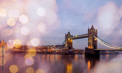 Photography Tower bridge at night with Christmas lights, London
