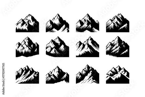 A collection of black mountain silhouette logos featuring various peak shapes and ridge styles. Perfect for outdoor branding, adventure designs, hiking emblems, and minimalist nature illustrations.
