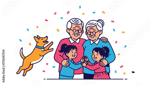 Joyful Multi-Generational Family: A heartwarming illustration depicts a multi-generational family, filled with laughter and love. With two grandchildren embrace their grandparents and a playful dog.