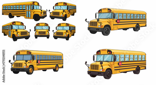Yellow school bus views from multiple angles