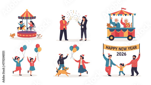 New Year Celebration: joyful illustrations capturing scenes of family, friends, and festivities. Each scene is filled with vibrant colors and lively people celebrating a new year. 