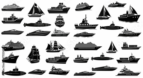 Various boat types collection with transparent background