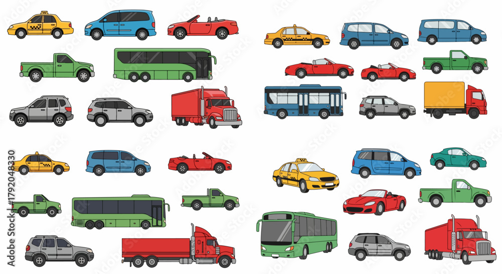 Naklejka premium Various vehicles collection in colorful flat style