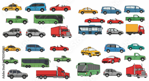 Various vehicles collection in colorful flat style