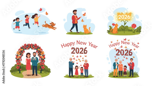 Happy New Year 2026: Festive illustrations depicting families, pets, and nature, celebrating a new year of growth, unity, and joy.