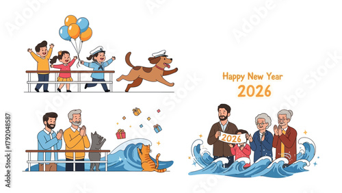 Happy New Year 2026: Celebrate the dawn of a new year, with depictions of family and joy, set against a backdrop of celebratory graphics and maritime themes.