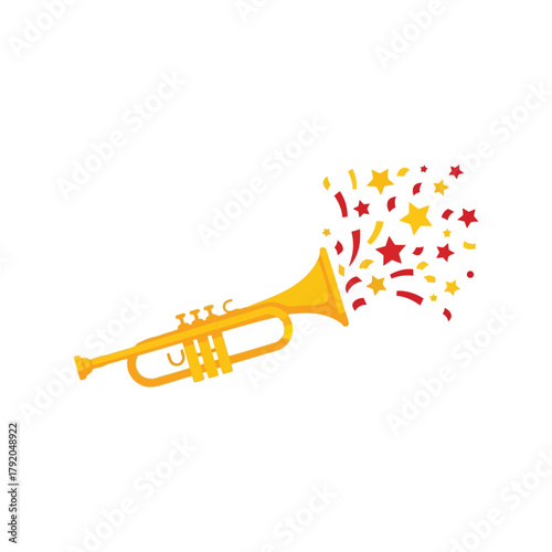 Golden trumpet with falling confetti and stars for celebration and music events isolated on white background, Vector