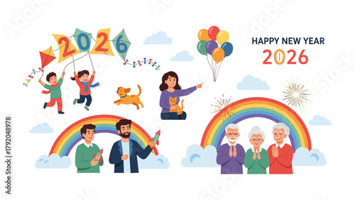 New Year 2026 Celebration: Diverse group of people celebrating new year 2026 with balloon, firework, and kite under rainbow. 