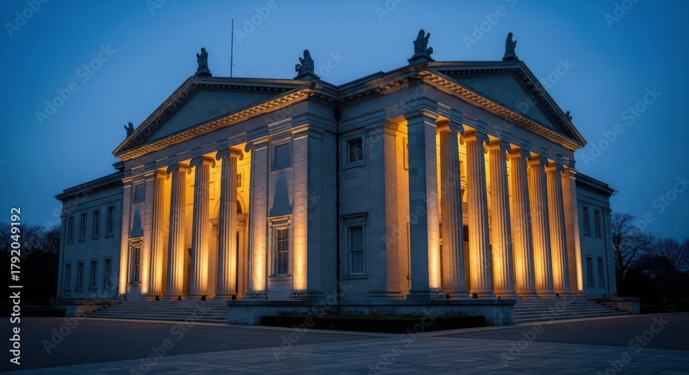 Obraz premium Illuminated neoclassical building with pillars at dusk
