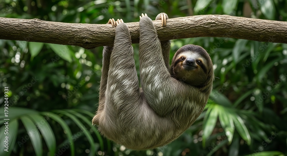 Naklejka premium A furry sloth suspends from a branch amid tropical leaves, staring directly at us