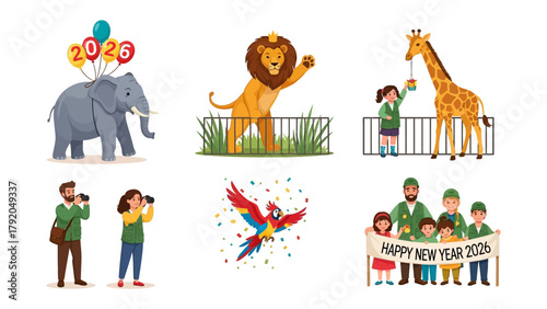 A Zesty Zoo Experience: An array of adorable animal encounters, including a regal lion, an amiable elephant, a gentle giraffe, a playful parrot, and passionate zoo visitors.