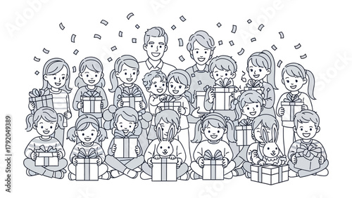 Joyful Gift of Family Gathering: A black and white illustration depicts a happy family surrounded by their children, each holding a gift. confetti falls in celebration of the special occasion.