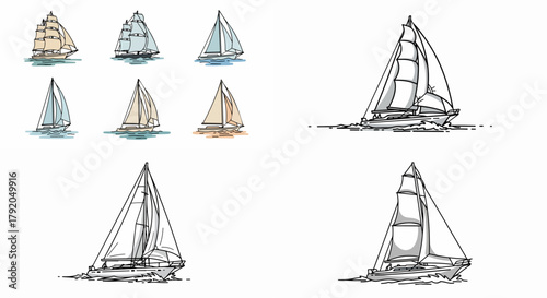 Sailboats collection on water with various sail types