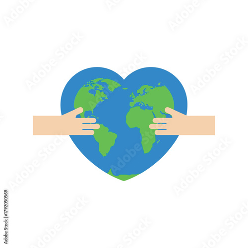 Hands hugging earth in heart shape: love and care for planet concept isolated on white background, Vector