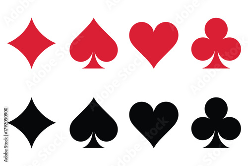 Classic Playing Card Symbols Vector Illustration – Red and Black Suits Design for Casino Games, Poker Graphics, Vintage Card Art, Gambling Theme, and Digital Entertainment Concepts