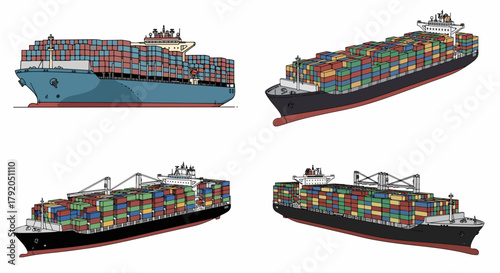 Container ship views with stacked cargo boxes