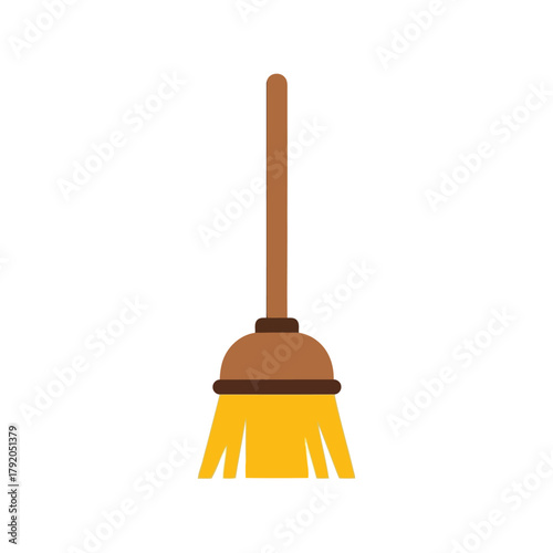 Vector illustration of a yellow bristle broom with a brown handle on a white background isolated on white background, Vector