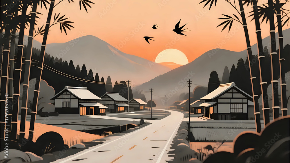 Obraz premium Sunset on the village 