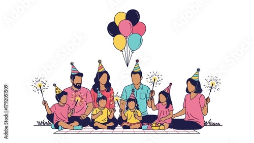 Family Celebration with Balloons: A family gathers for a joyous celebration, adorned in festive hats, waving sparklers, and surrounded by colorful balloons.