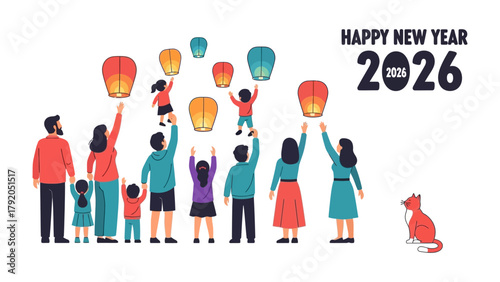 New Year's Lantern Festival: A gathering of families and friends joyfully releasing illuminated lanterns into the night sky, creating a spectacle of hope and anticipation for the new year. 