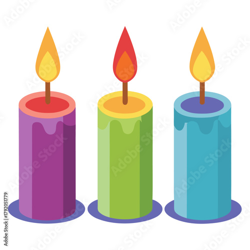 Three brightly colored, cylindrical candles are lit with vibrant flames. Each candle sits on a purple base.