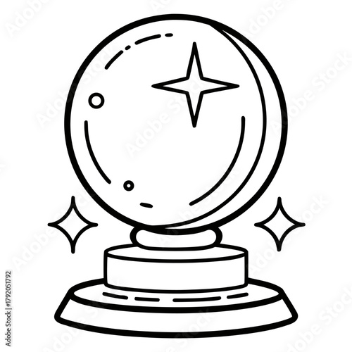 Stylized black and white crystal ball icon with sparkles
