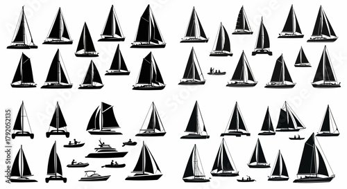 Sailboats collection on water with transparent background