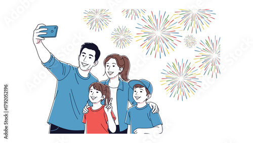 Family Selfie with Fireworks: A happy family capturing a selfie during a vibrant fireworks display, creating a moment of joy and celebration.