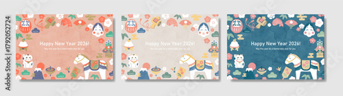 馬の干支と縁起物をあしらった2026年横型年賀状デザイン