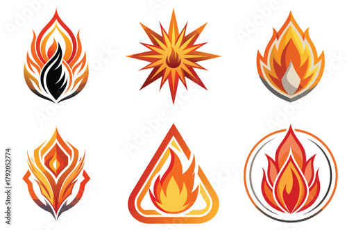 Collection of six stylized fire and flame icons