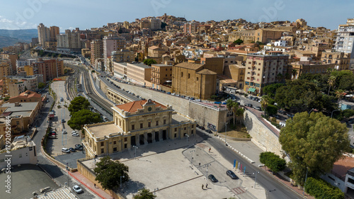 Fototapeta Naklejka Na Ścianę i Meble -  Aerial view of the Agrigento train station, Sicily, Italy. It's a small train station in the city center.
