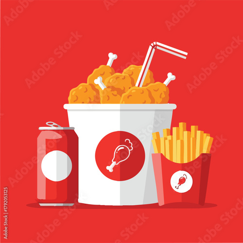 Fast food chicken bucket with fries and drink.