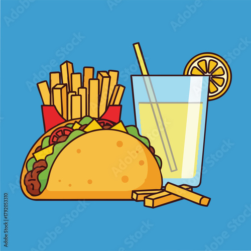 Fast food combo with taco fries and lemonade.