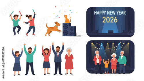 New Year Celebration : Festive scene capturing the essence of the new year, family, dogs, cats, cheering, stage, lights, people celebrating with joy and togetherness.
