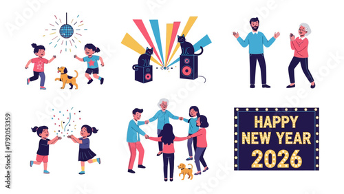 New Year's Celebration Collage: A collection of illustrations depicting joyful scenes of celebration, with dancing figures and symbolic elements, radiating the festive spirit of new beginnings. 