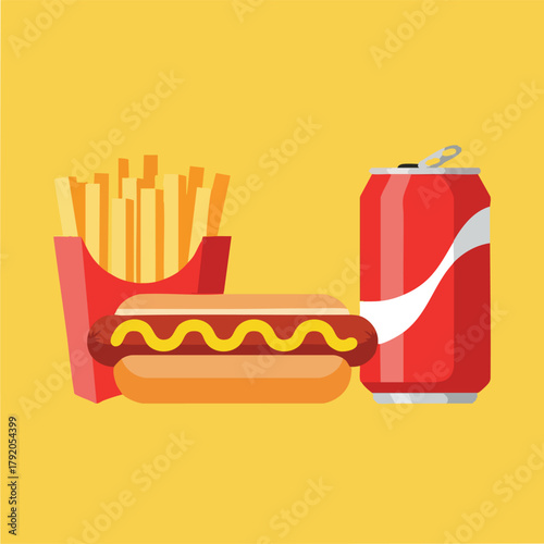Fast food trio with hotdog fries soda.