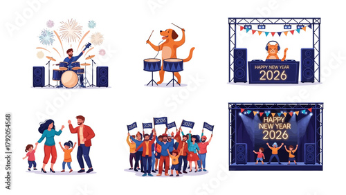 New Year Celebration Elements: Diverse illustrations capture a festive New Year's scene, showcasing celebrations with fireworks, drum, and party goers.