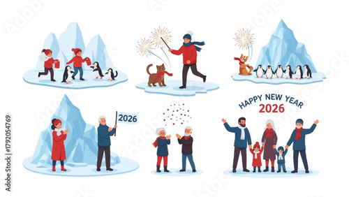 New Year Celebration in Antarctica: Diverse groups celebrate New Year's in an Antarctica setting with snow, fireworks, people and animals and 2026 words showing.