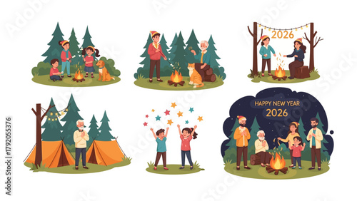 Camping and Campfire: Illustrative scene of a family camping with a campfire and enjoying new year celebration in a pine forest, a cozy outdoor experience with tents, bonfire and people.