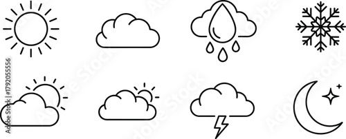 A collection of eight simple line art icons representing various weather conditions, including sun, clouds, rain, snow, lightning, and moon with stars.