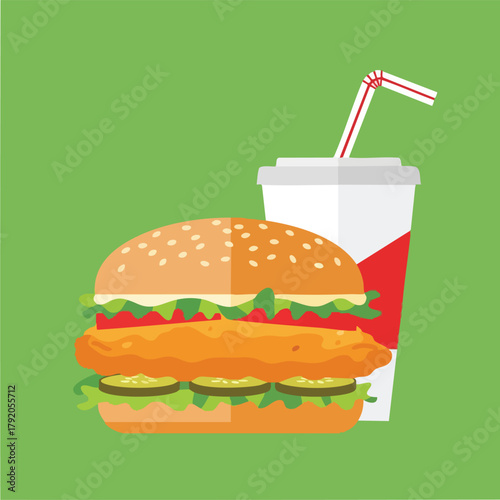 Hamburger and soft drink duo representing fast food meal.