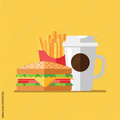Hamburger and fries with coffee cup.