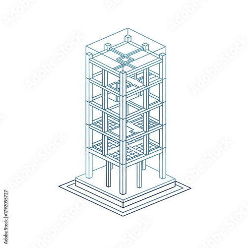 Isometric line drawing of a multi-story buildings structural frame, showing columns, beams, and foundation.
