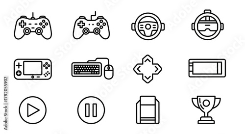 Gaming Icons Set - Controller, Steering Wheel, VR Headset, Keyboard, Trophy, Play Button, Pause Button.