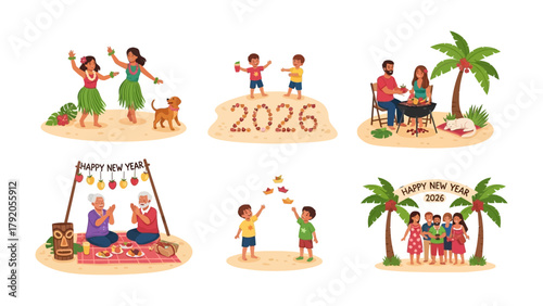 Celebrating New Year: Six vibrant scenes unfold, capturing the essence of New Year's celebrations in a sunny, tropical setting, filled with joy, family and festive spirit.