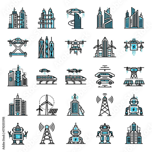 Futuristic Cityscape Icons Representing Smart Technology and Innovation.