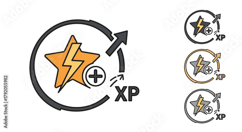 Hand-drawn XP gain icon with orange star, lightning bolt, plus sign, and circular arrow.