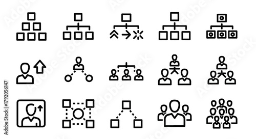 Set of fifteen minimalist black outline icons illustrating organizational structure, team hierarchy, and business management concepts, featuring connected boxes